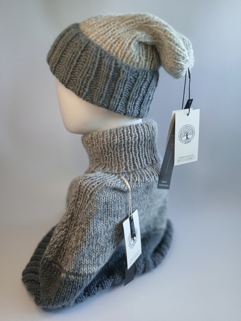 Komplet angora / czapka i golf - szal/ gray